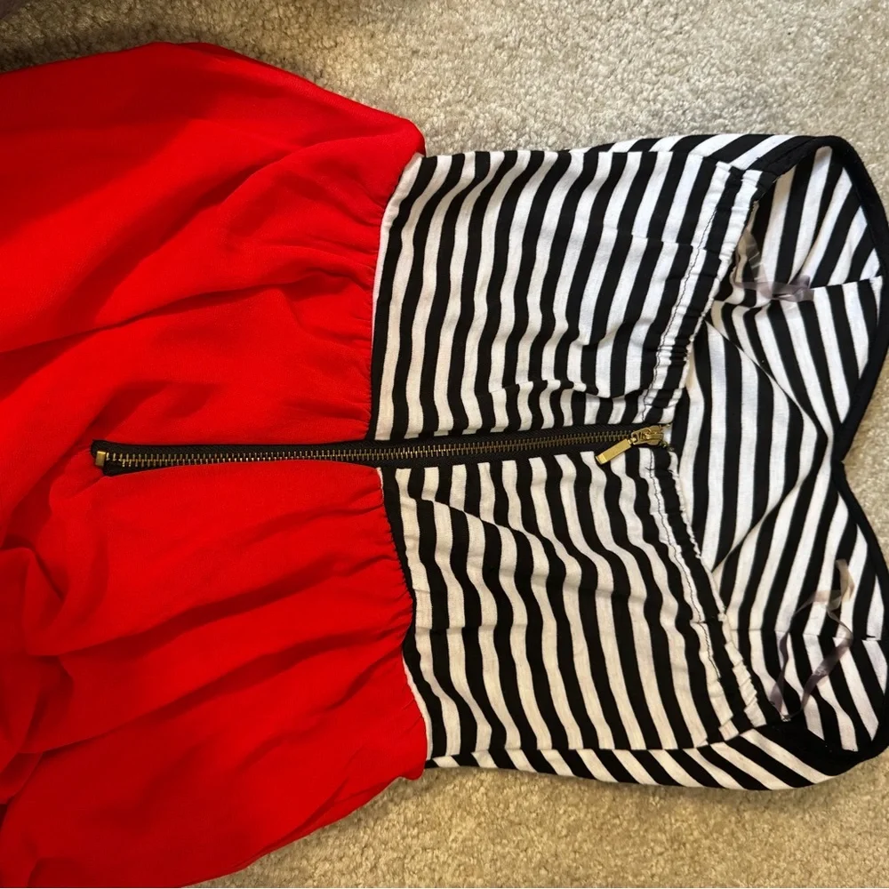 Striped Black and White Jumpsuit with Bustier Top and red wide legged pants - Picture 6 of 6